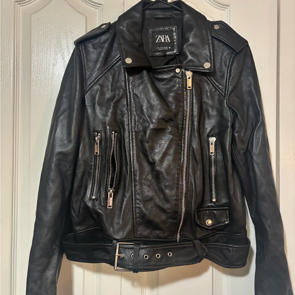 Zara Genuine Sheep Leather Motorcycle Black Moto Biker Asymmetric